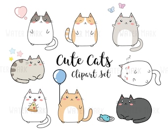 Vector Clipart - Kawaii Gatos - Gatos Lindo Clipart Set - Vectores de Alta Calidad - Descarga Instantánea - Kawaii Gatos Clipart 300dpi png