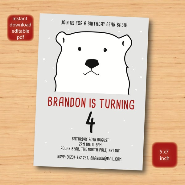 Polar Bear birthday invitation - SELF EDITABLE PDF - 5 x 7 inch Customisable Bear Printable Birthday Party Invite - Instant Download