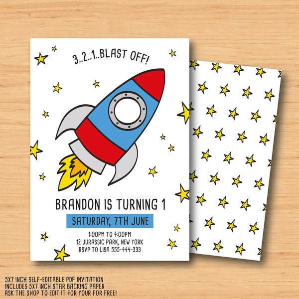 Space invitation, Rocket ship invitation, Space Rocket Birthday,-SELF EDITABLE PDF-5 x 7 inch Customisable Printable Invite-Instant Download