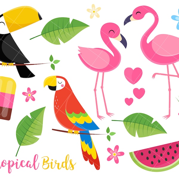 Tropical Summer Clipart, Toucan, Birds, Flamingo, Parrot, Tropical plants, ice-cream, palm leaves, Commercial Use, Vector clipart, SVG, PNG