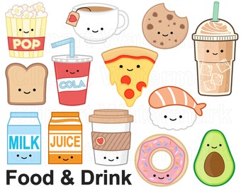 Kawaii food clipart, ontbijt clipart, kawaii koffie, kawaii sushi, kawaii drankjes clip art, klein commercieel gebruik, png en svg