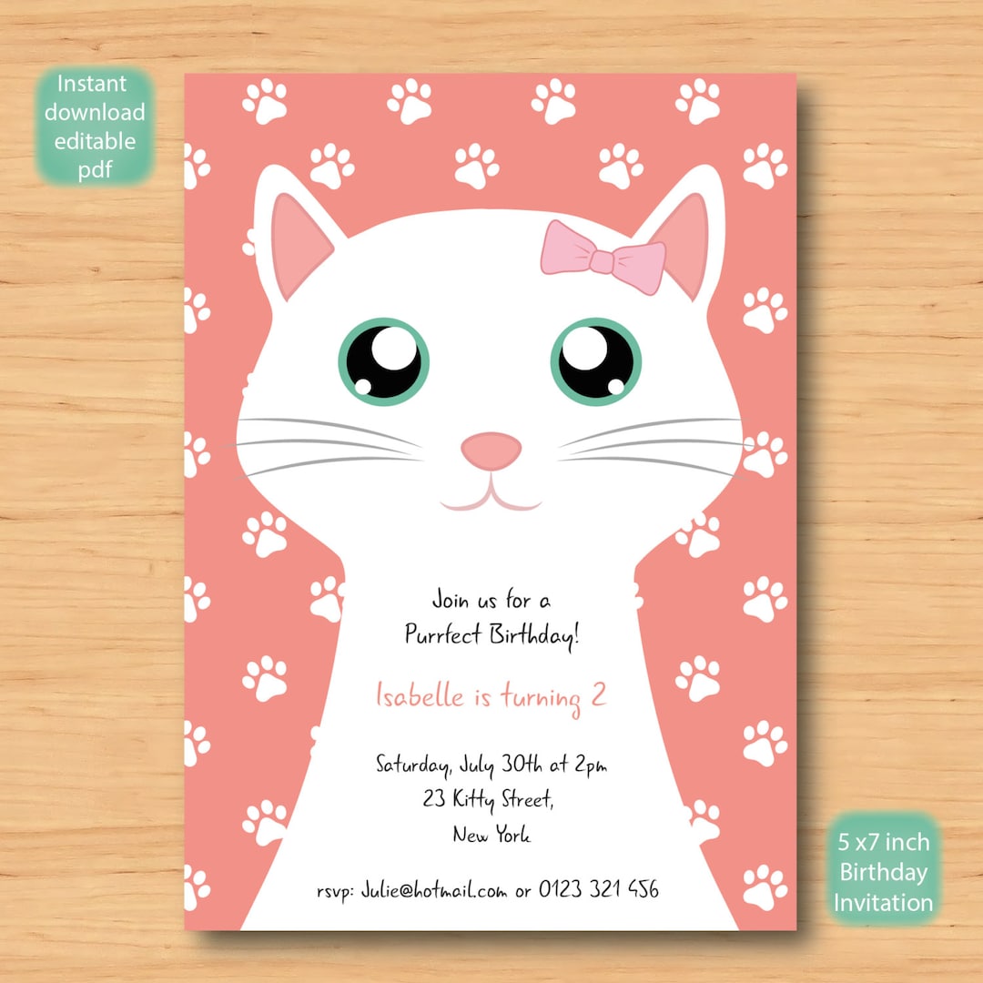 Cat, Kitty, Kitten Birthday Invitation - SELF EDITABLE PDF - 5 X 7 Inch ...