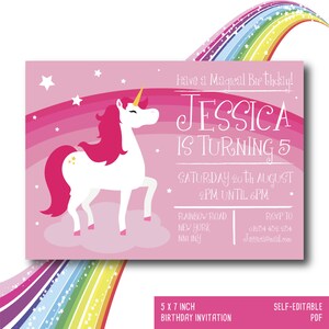 Unicorn Invitation, Printable, Customized, DIY invitation, Girl&#39;s Unicorn Party, Birthday, editable pdf