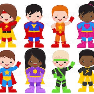 May include: Eight cartoon superheroes, each with a different costume and power. The superheroes are all children and are wearing capes. The costumes are red, blue, yellow, green, purple, orange, pink, and black.