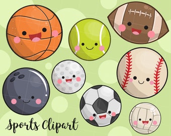 Kawaii Sports Clipart, Baseball clipart, football, Baseball, Basketball, Soccer, golf clipart, commercial use svg and png