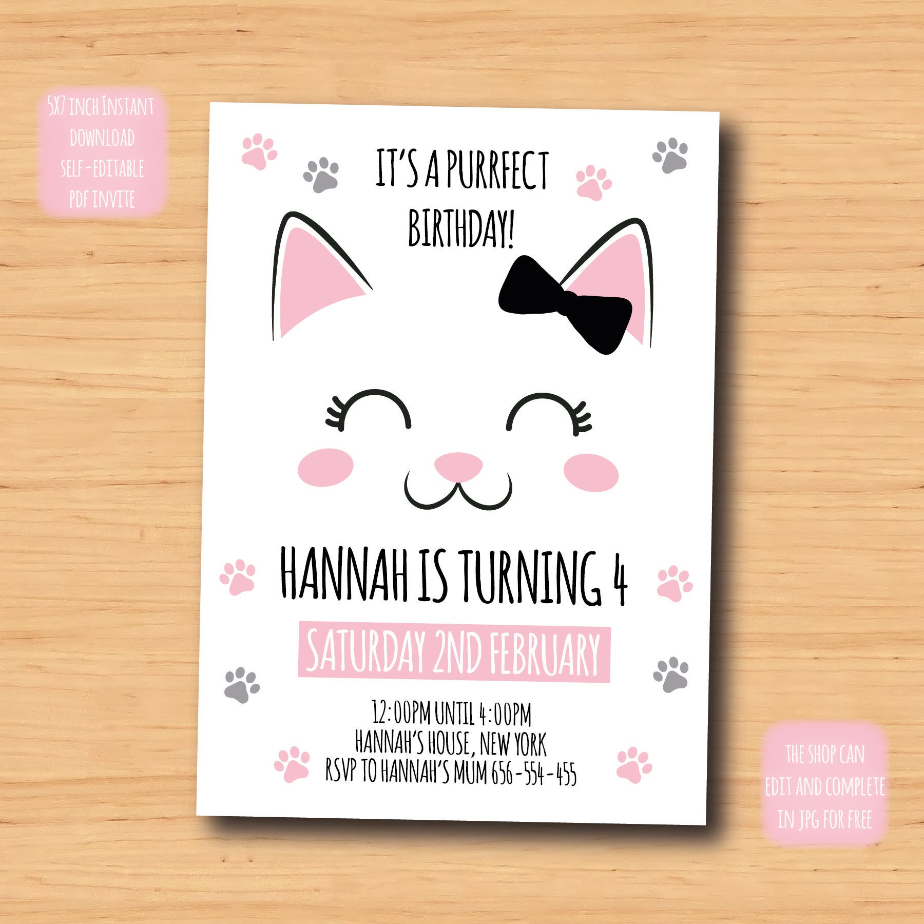 Cute Cat Birthday Party Invitation, 5 X 7 Inch Personalized Self-editable Kitten Birthday Invitation, Instant Download, Printable - Etsy for Free Printable Cat Birthday Invitations