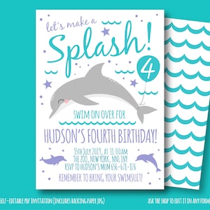 Dolphin Birthday Invitation, Dolphin Party, Let's make a splash, Whale party, Pool Party Invitation, Instant download 5x7 inch self-editable