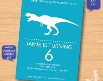 Dinosaur - SELF EDITABLE PDF - 5 x 7 inch Customisable Dinsoaur Printable Birthday Party Invite - Instant Download