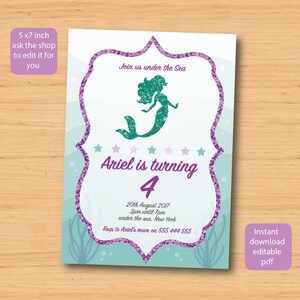 Mermaid Invitation, Printable, Customized, DIY invitation, Girl&#39;s Mermaid Party, Birthday, editable 5 x 7 inch pdf