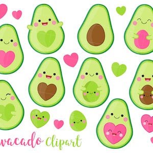 May include: A set of 11 cartoon avocado illustrations with hearts. The avocados have different expressions and are holding hearts. The text "Avocado clipart" is at the bottom of the image.