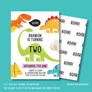 May include: A printable dinosaur-themed birthday invitation for a child turning two. The invitation features a green dinosaur, a red dinosaur, a yellow dinosaur, and a blue dinosaur. The text on the invitation reads "Brandon is turning two" and "Saturday, 7th June".