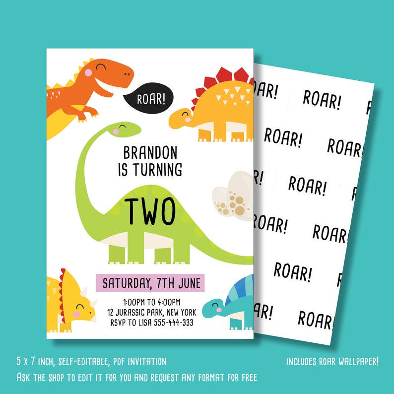 May include: A printable dinosaur-themed birthday invitation for a child turning two. The invitation features a green dinosaur, a red dinosaur, a yellow dinosaur, and a blue dinosaur. The text on the invitation reads "Brandon is turning two" and "Saturday, 7th June".