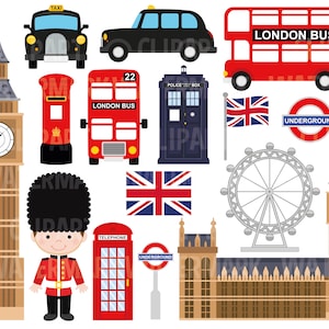 May include: A collection of London-themed illustrations, including a black taxi, red double-decker bus, Big Ben clock tower, a red telephone box, a police box, a Union Jack flag, and a London Eye Ferris wheel.