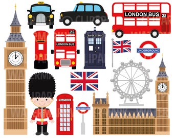London Clipart, cute uk London clipart, British clipart, Great Britain, London bus, taxi, postbox, royal clipart, svg, png, commercial use