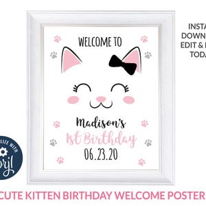 Cute Cat Birthday Welcome Sign, Kitten Birthday Party Sign, Cute Cat Poster, Self-editable 8x10inch Printable Instant Download