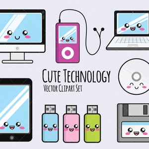 Kawaii Vector Clipart - Kawaii Technology Clipart - Ordinateur - Téléchargement instantané - 300 dpi High Quality Vectors - - Kawaii Clipart