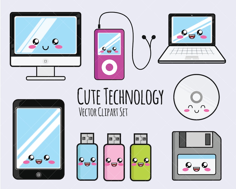 以下が含まれることがあります： かわいい顔をしたかわいいテクノロジーアイコンのセット。アイコンには、コンピューターモニター、ラップトップ、タブレット、MP3プレーヤー、フロッピーディスク、CD、USBドライブが含まれています。アイコンはすべて異なる色で、シンプルで漫画のようなスタイルです。