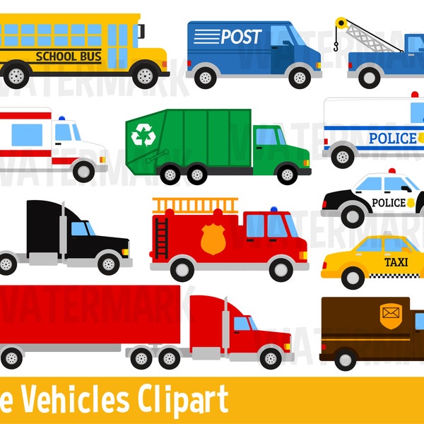 Transportation Clipart, Community vehicles, Cars Clip Art, Truck, van, lorry, ambulance, school bus, postal van, police car clipart, svg,png