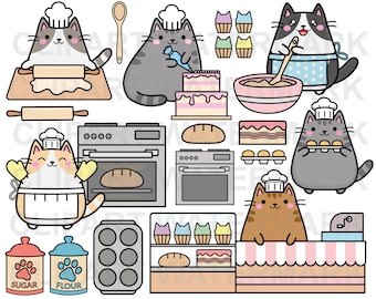 Vector Clipart Kawaii Cat, Cute baking cats, baking clipart, cakes and cats, cats clipart, svg, png, small commercial use
