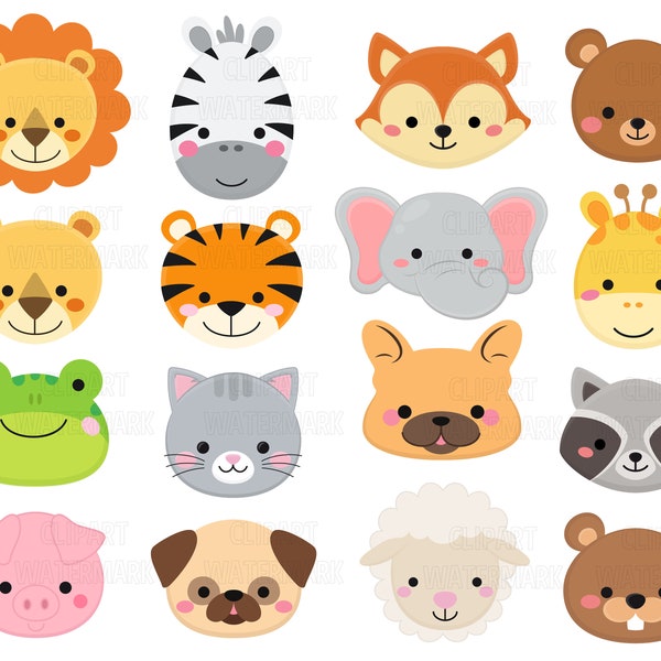 Animal faces Clipart, Safari animals, cats, dogs, bears, lamb, pigs, lion, fox, zebra, Frog clipart, commercial use, svg, png