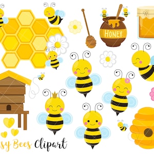 May include: A set of cute bee-themed clipart images, including bees, honeycombs, a beehive, and a jar of honey. The bees are yellow and black with smiling faces and wings. The honeycombs are yellow and have a hexagonal pattern. The beehive is brown and has a small opening. The jar of honey is clear and has a yellow label that says "Honey".