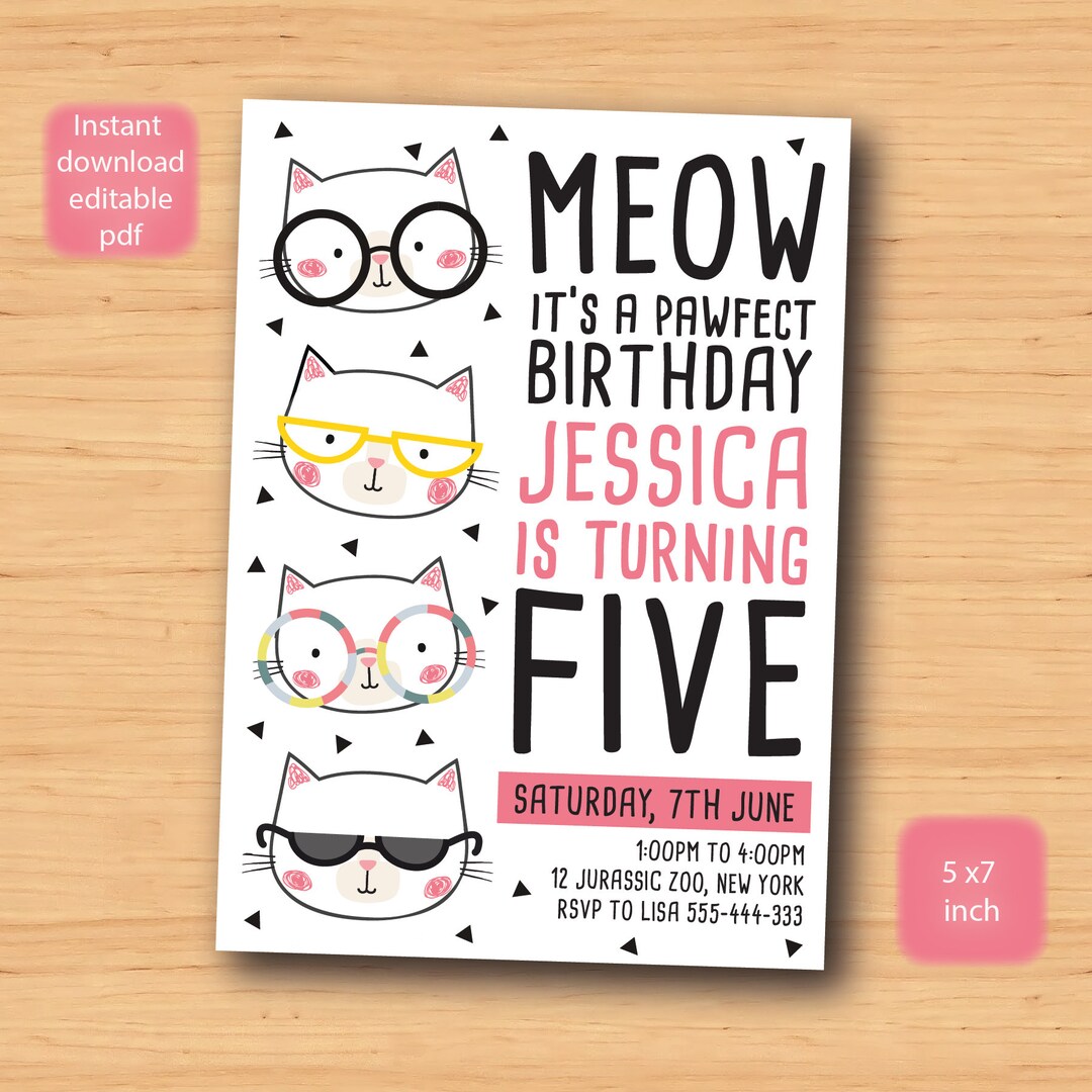 Cat, Kitty, Kitten Birthday Invitation SELF EDITABLE PDF 5 X 7 Inch ...