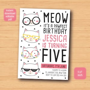 cat, kitty, kitten birthday invitation - SELF EDITABLE PDF - 5 x 7 inch Customisable Printable Birthday Party Invite - Instant Download