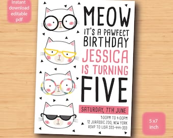 chat, minou, invitation d'anniversaire de chaton - PDF AUTO-ÉDITABLE - 5 x 7 pouces Invitation de fête d'anniversaire imprimable personnalisable - Téléchargement immédiat