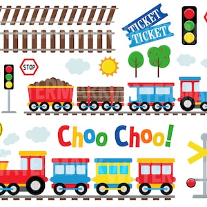 May include: A colorful train set with a red engine, blue and yellow passenger cars, and a brown coal car. The set includes a stop sign, railroad crossing signs, and a ticket. The text "Choo Choo!" is written in rainbow colors.