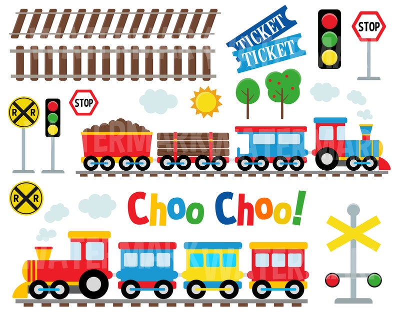 May include: A colorful train set with a red engine, blue and yellow passenger cars, and a brown coal car. The set includes a stop sign, railroad crossing signs, and a ticket. The text "Choo Choo!" is written in rainbow colors.