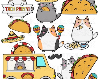 Vector Clipart Kawaii Cat, cute Taco party cats, cat clipart, cats clipart, instant download 300dpi png and svg, commercial use