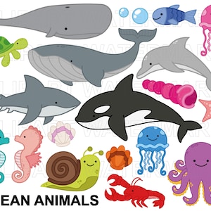 Op de afbeelding: Een kleurrijke illustratie van verschillende zeedieren, waaronder een walvis, een haai, een dolfijn, een zeepaardje, een octopus, een kwal, een schildpad, een slak, een krab en een zeester. De illustratie is tegen een witte achtergrond geplaatst en bevat de tekst "OCEAN ANIMALS".