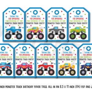 x9 monster truck birthday favor tags, 3 x 2 inch instant download pdf and jpg, all on 8.5x11 inch (A4) sheets