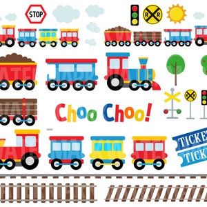 May include: A set of colorful train and railroad themed clipart images. The set includes a red train engine, a blue train engine, a yellow train car, a red train car, a blue train car, a red caboose, a brown log car, a brown coal car, a red and yellow train crossing sign, a red stop sign, a yellow sun, a green traffic light, a red traffic light, a green and yellow railroad crossing sign, a blue ticket with the word "TICKET" on it, and a set of brown railroad tracks.