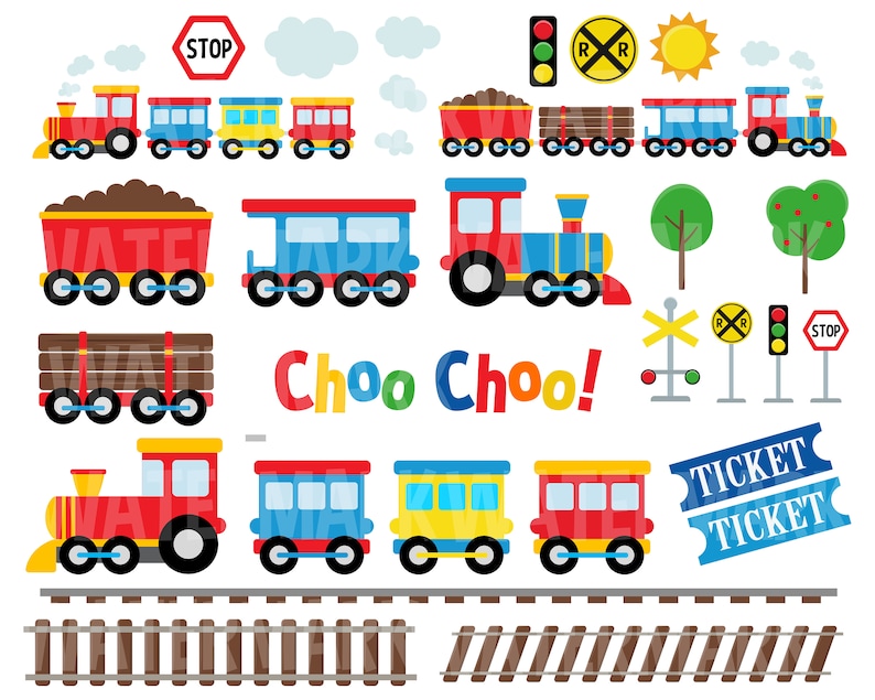 May include: A set of colorful train and railroad themed clipart images. The set includes a red train engine, a blue train engine, a yellow train car, a red train car, a blue train car, a red caboose, a brown log car, a brown coal car, a red and yellow train crossing sign, a red stop sign, a yellow sun, a green traffic light, a red traffic light, a green and yellow railroad crossing sign, a blue ticket with the word "TICKET" on it, and a set of brown railroad tracks.