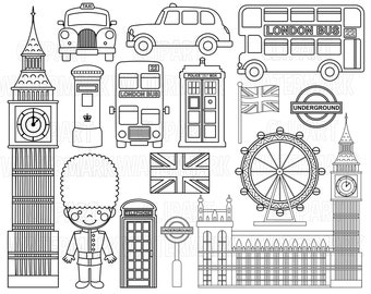 London Clipart, schattig Uk London clipart, Britse clipart, Groot-Brittannië, Londen bus, taxi, brievenbus, koninklijke clipart, svg, png, commercieel gebruik