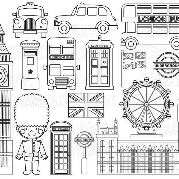 London Clipart, cute uk London clipart, British clipart, Great Britain, London bus, taxi, postbox, royal clipart, svg, png, commercial use