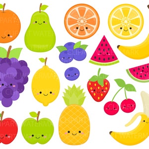 Cute Fruit, Kawaii Fruit Clipart, strawberry, apple, watermelon, Pineapple, grapes, orange, Commercial Use, Vector Clip Art, SVG, PNG