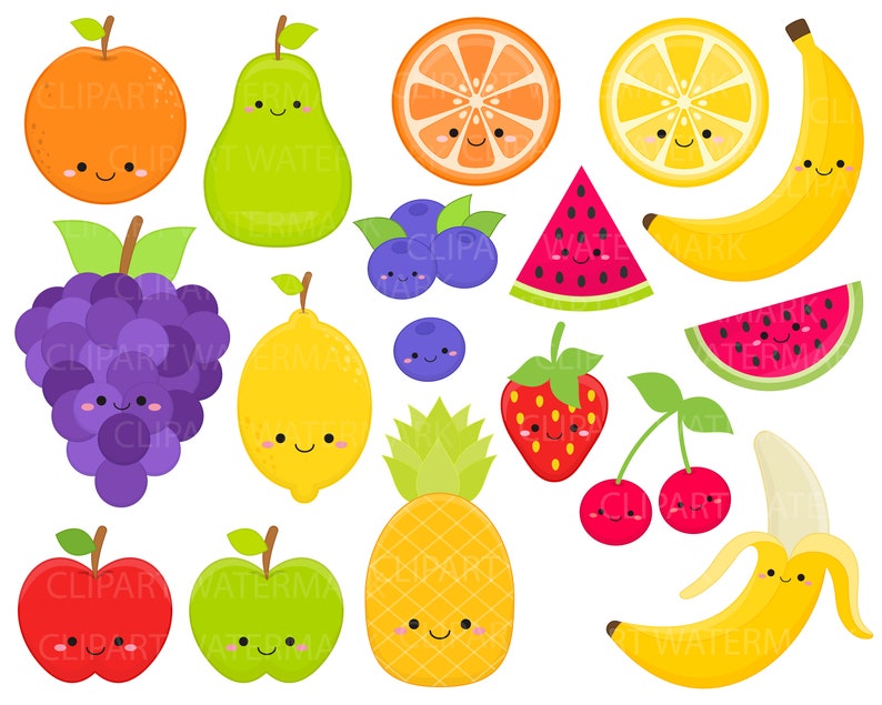 May include: A set of 14 colorful cartoon fruit and berry illustrations with happy faces. The fruits include a red apple, green pear, orange orange, yellow lemon, yellow banana, red strawberry, red cherries, a pineapple, a watermelon, and a bunch of purple grapes. The berries are blueberries.