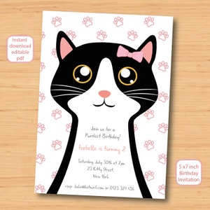 cat, kitty, kitten birthday invitation SELF EDITABLE PDF 5 x 7 inch Customisable Printable Birthday Party Invite Instant Download image 1