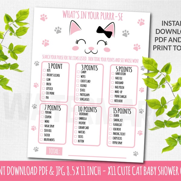 Cat Baby Shower Games, x 11 jpg and pdf - Cat Baby Shower Games, 8.5x11 inch kitty baby shower games, What's in your purse game