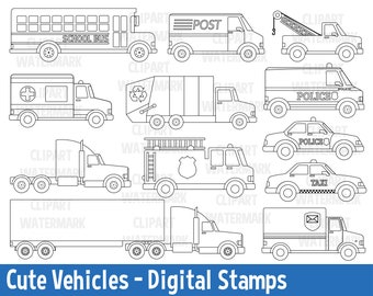 Transportation Clipart, Community vehicles, Cars Clip Art, Truck, van, lorry, ambulance, school bus, postal van, digital stamp, svg,png