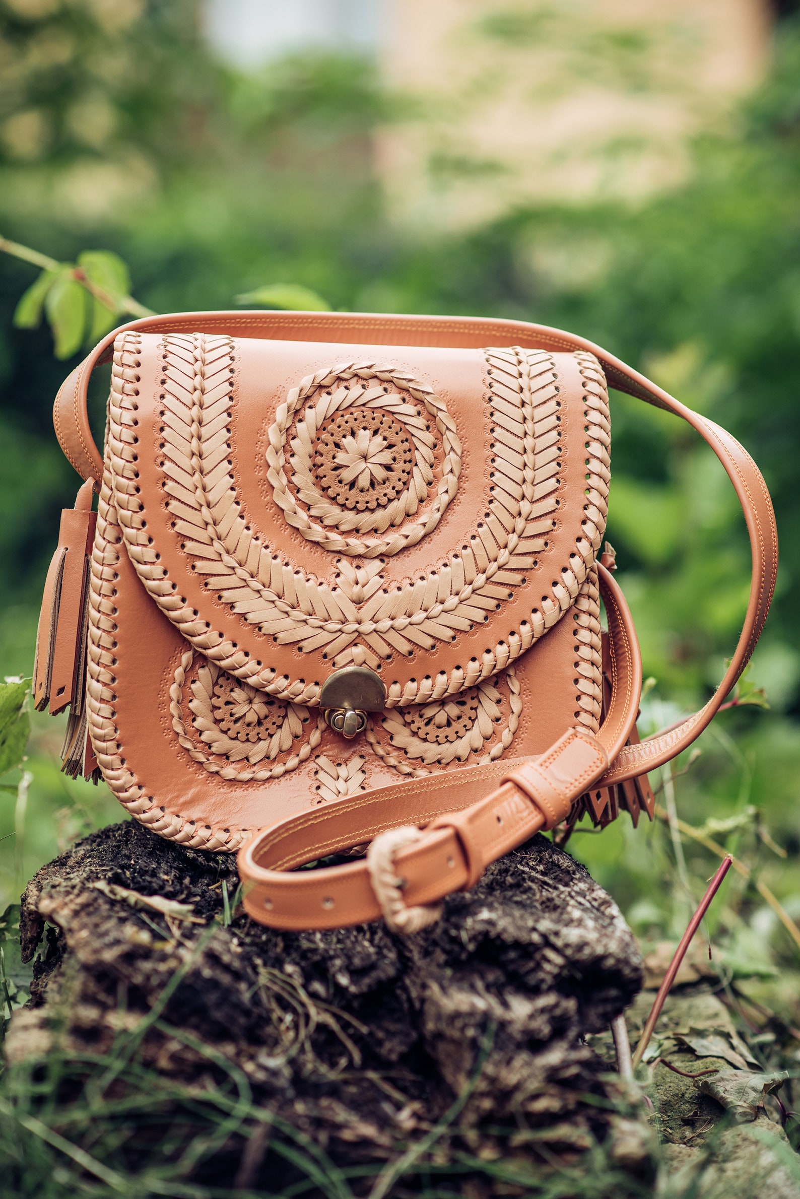 Brown & Tan Leather Shoulder Bag Cross Body Bag Ethnic Bag Etsy