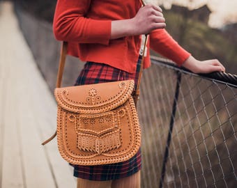 Leather Shoulder Bag "Periwinkle" - crossbody bag - ethnic bag - messenger handbag - Evening handbag - Woman Handbag - Ladies Bag