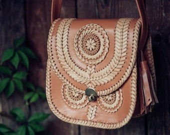 Brown & Tan Leather shoulder bag - cross body bag - ethnic bag - messenger handbag - Casual handbag - Woman Handbag - Ladies Bag - Handmade