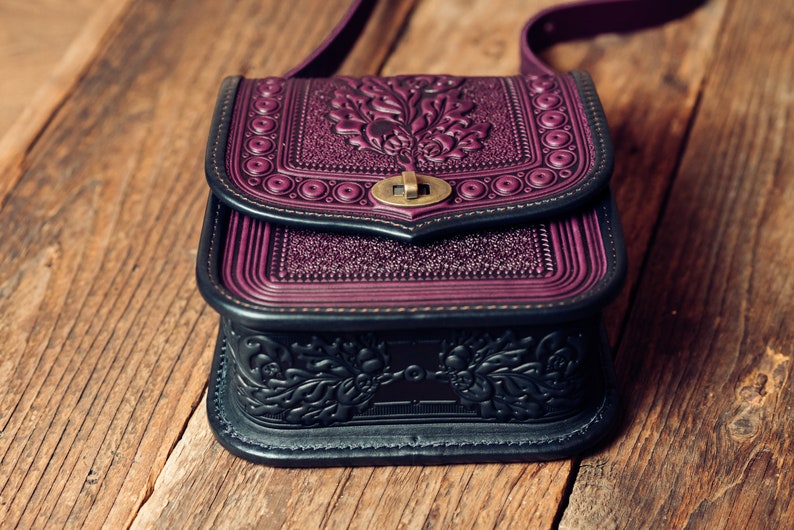 Purple Leather shoulder bag Crossbody Bag leather Handbag Ethnic Bag Messenger Bag Ladies Handbag Women bag Woman Handbag gift image 3