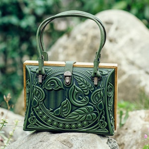 UKRAINIAN Green Leather Top Handle Bag Green Purse Handbag Ethnic Bag  For Women Capacious Birthday Gift Bag Party Bag Wood Bag Wood Handbag