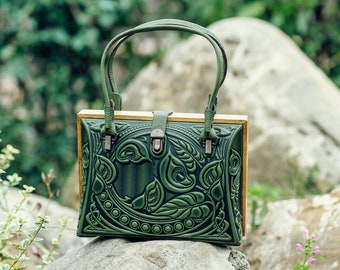 UKRAINIAN Green Leather Top Handle Bag Green Purse Handbag Ethnic Bag  For Women Capacious Birthday Gift Bag Party Bag Wood Bag Wood Handbag