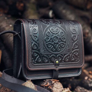 UKRAINIAN Black Leather Shoulder Bag Crossbody Bag Leather Handbag Ethnic Bag Messenger Bag Ladies Handbag Woman Handbag Dark Brown bag zdjęcie 1