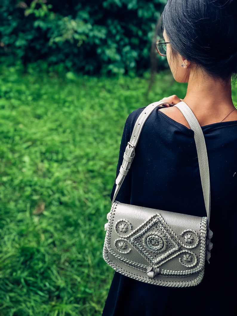 White Leather Shoulder Bag Crossbody Bag Handbag Ethnic Bag | Etsy